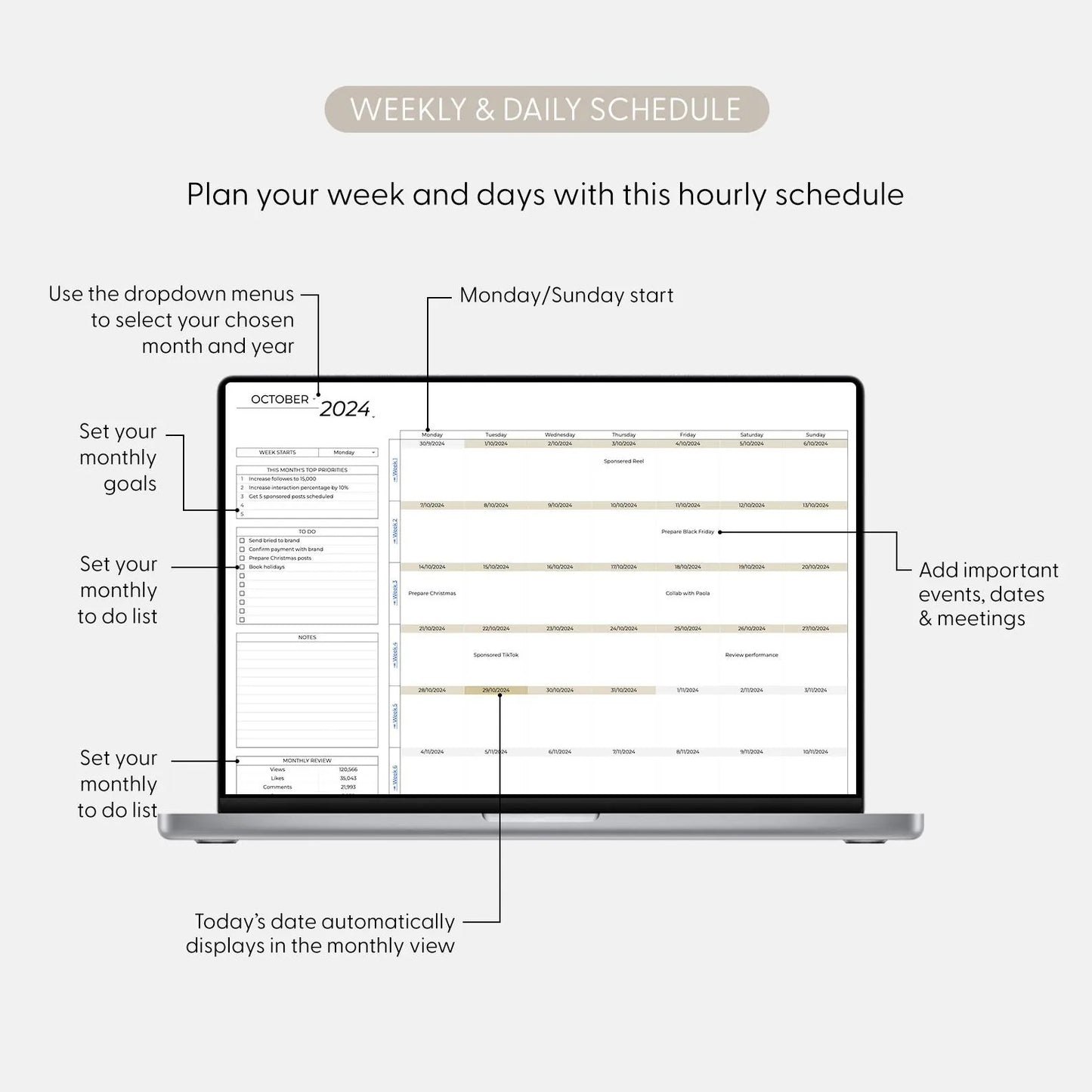 Social Media Content Calendar Plan, Social Media Monthly Content Planner, Google Sheet Spreadsheets, Monthly Batch Content Creation Template