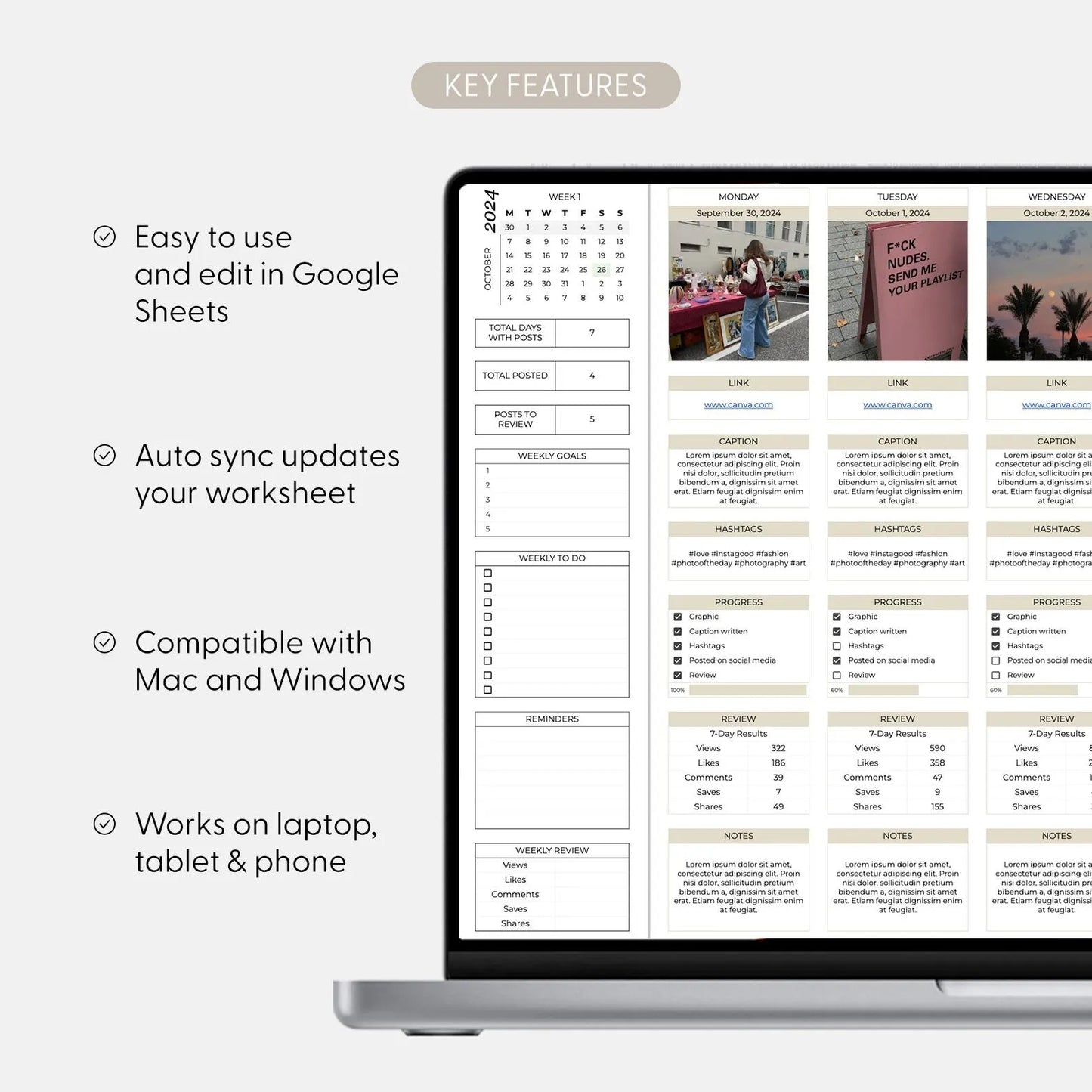 Social Media Content Calendar Plan, Social Media Monthly Content Planner, Google Sheet Spreadsheets, Monthly Batch Content Creation Template