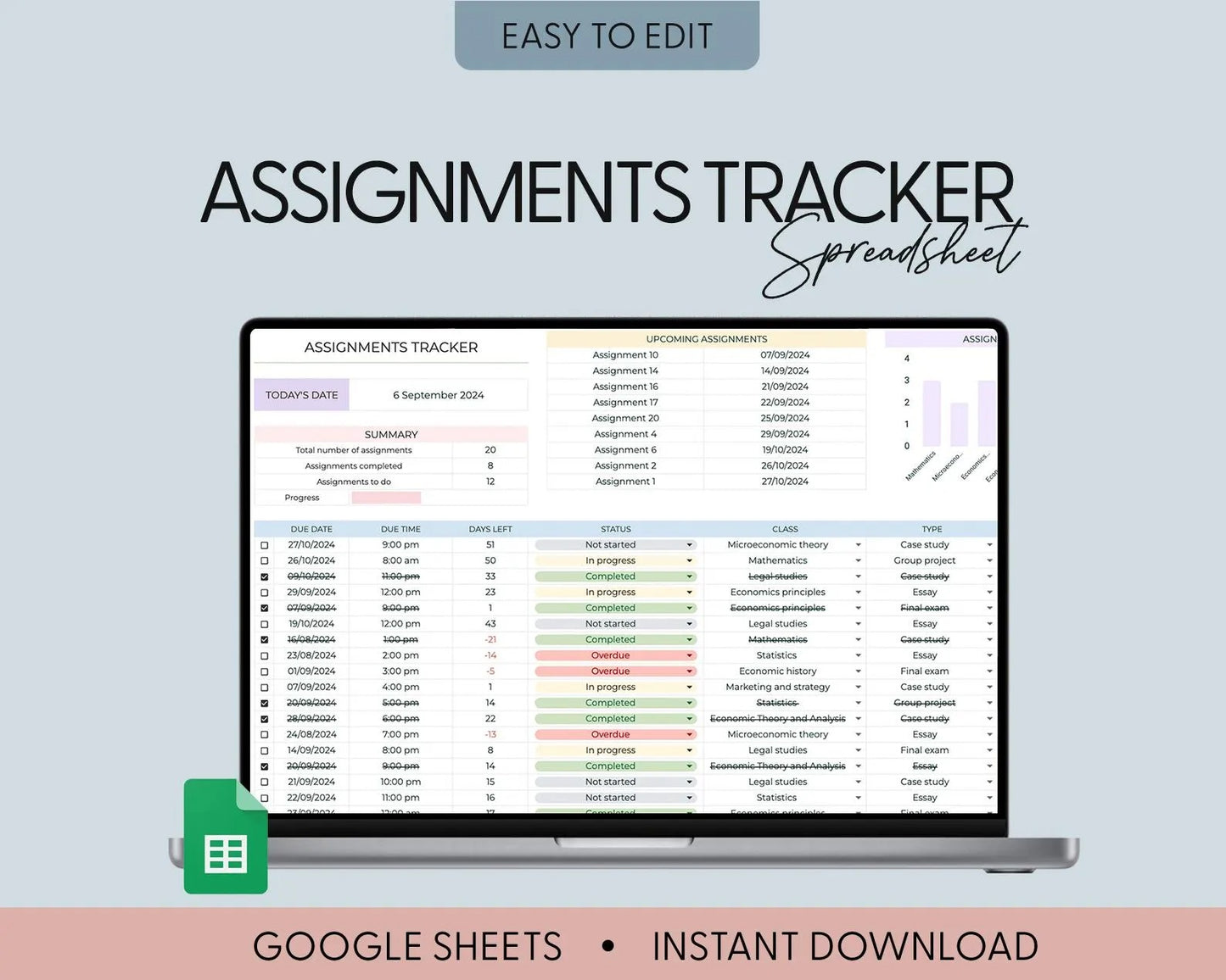 Student Planner & Assignment Tracker Google Sheets Excel College Spreadsheet Class Timetable Academic Planner Template Assignment Tracking