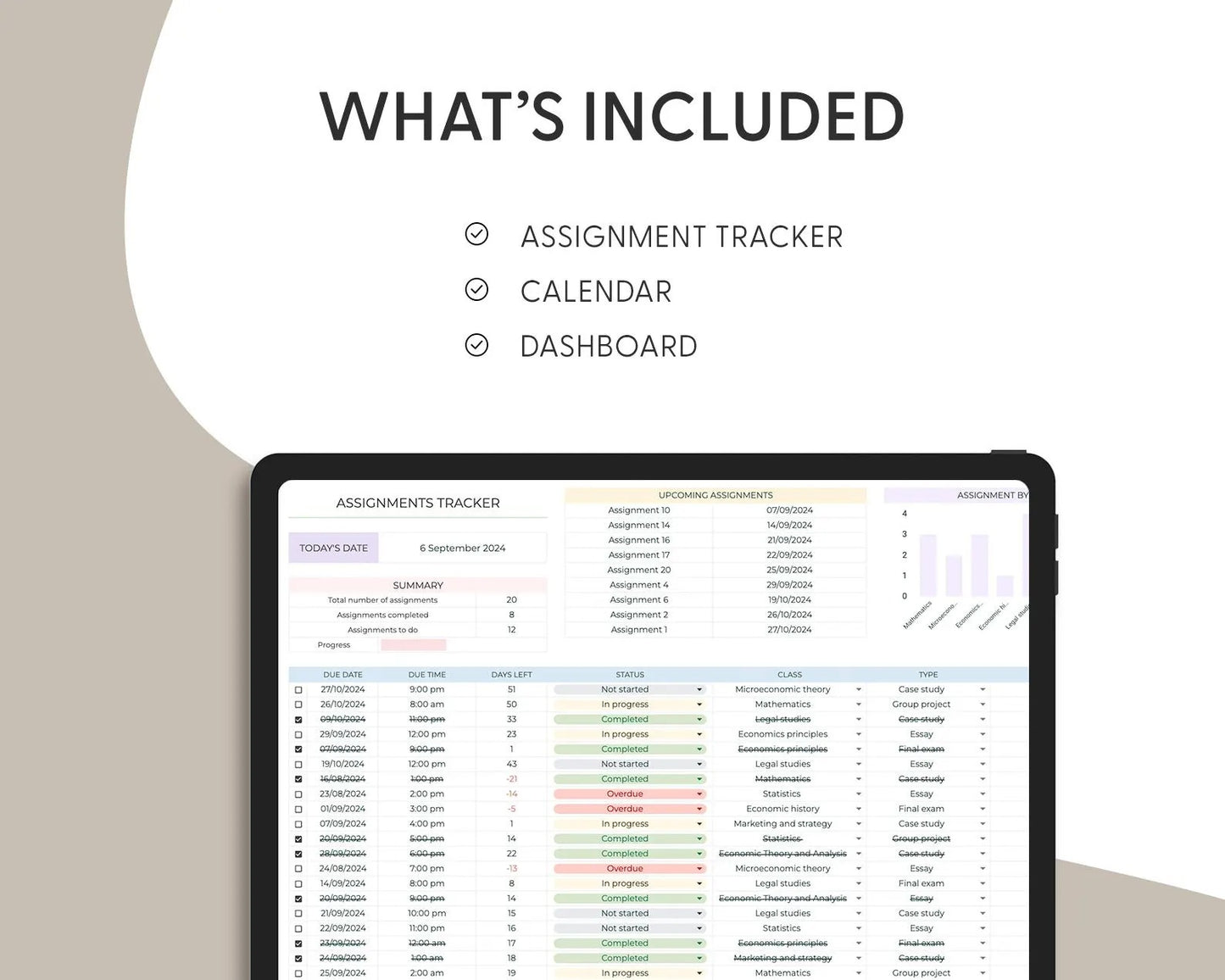 Student Planner & Assignment Tracker Google Sheets Excel College Spreadsheet Class Timetable Academic Planner Template Assignment Tracking