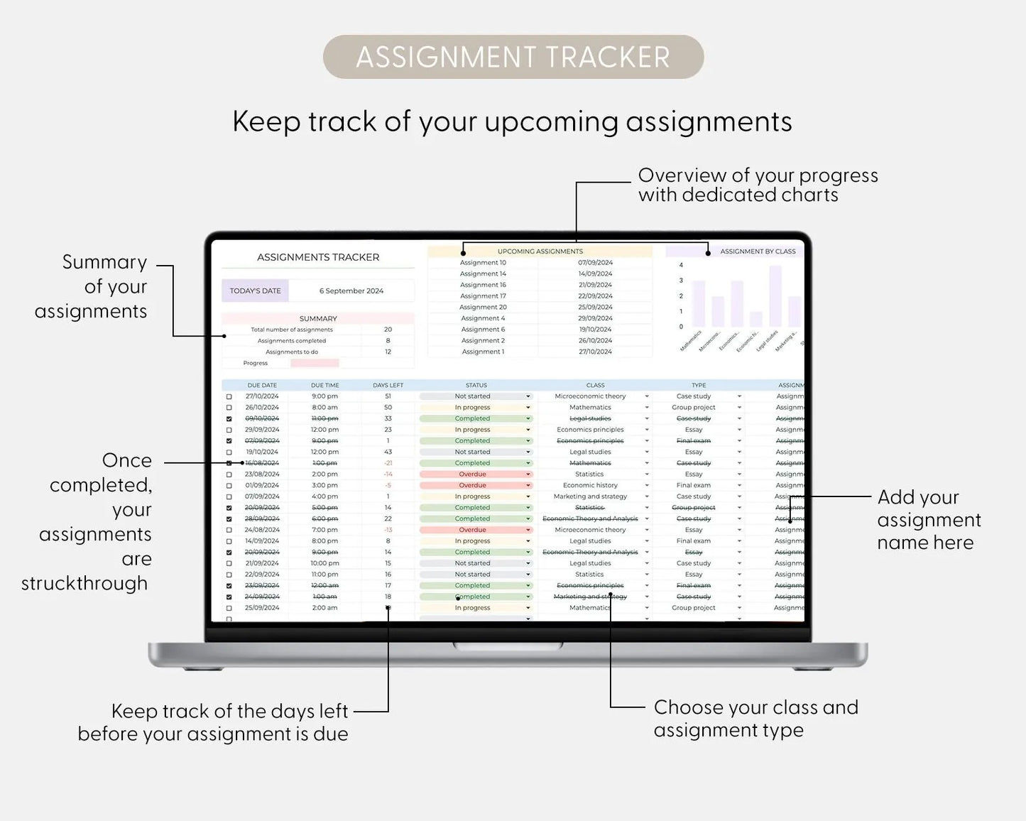 Student Planner & Assignment Tracker Google Sheets Excel College Spreadsheet Class Timetable Academic Planner Template Assignment Tracking