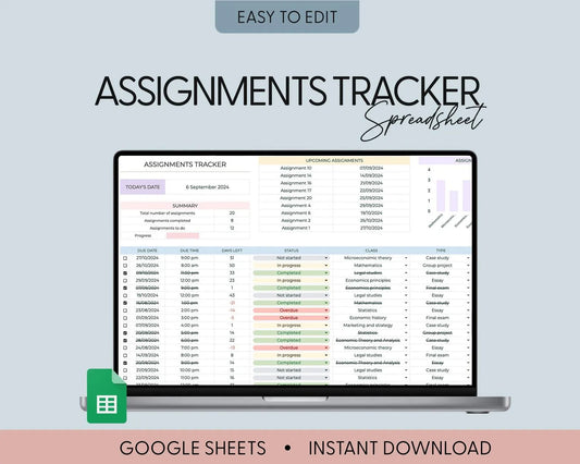 Student Planner & Assignment Tracker Google Sheets Excel College Spreadsheet Class Timetable Academic Planner Template Assignment Tracking