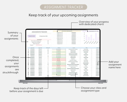 Student Planner & Assignment Tracker Google Sheets Excel College Spreadsheet Class Timetable Academic Planner Template Assignment Tracking
